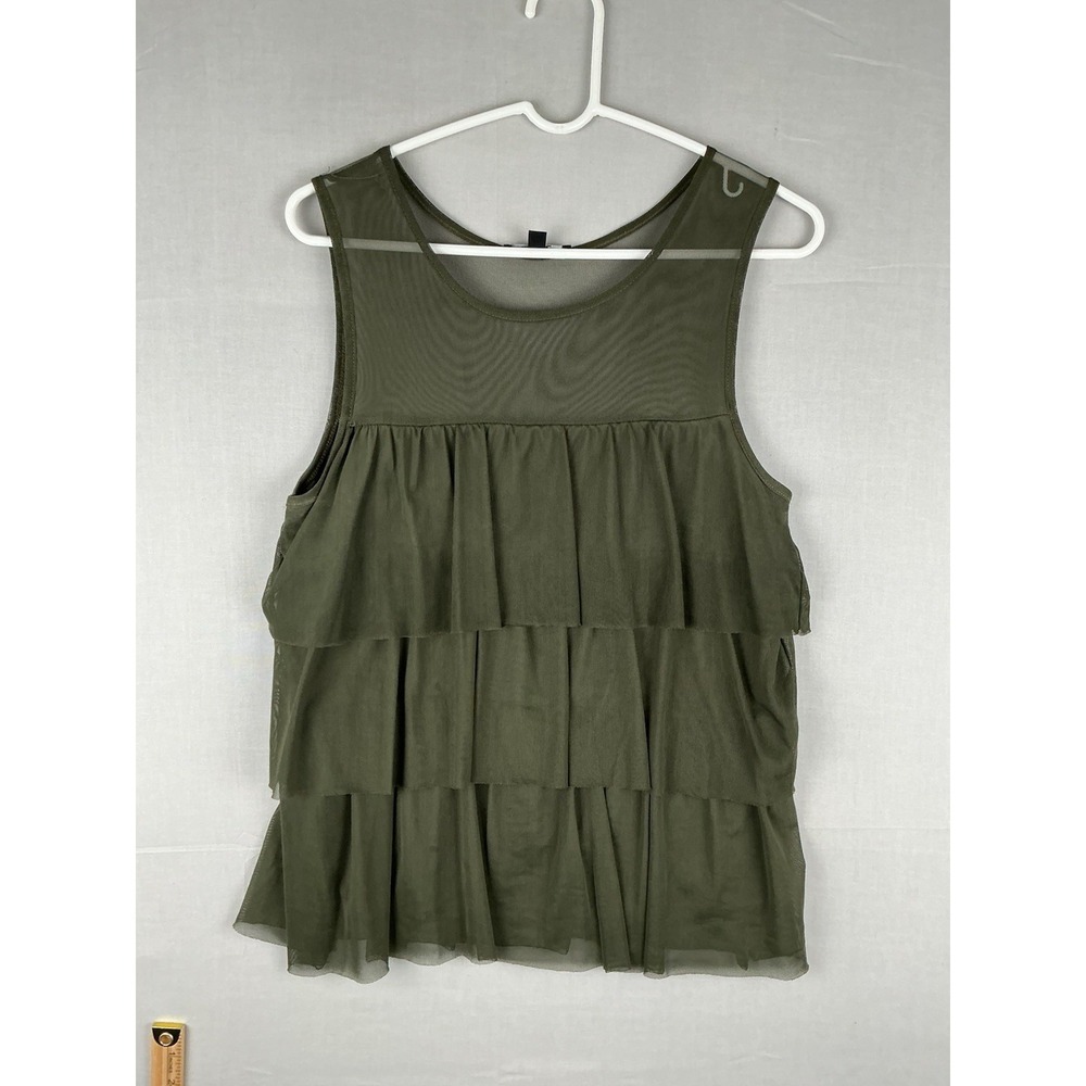 Signature Studio Top Womens Small Green Sheer Tiered Ruffle Sleeveless Blouse